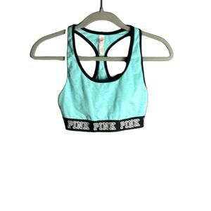 PINK Victoria’s Secret Blue Racerback Sports Bra With Logo Wide Waist Band Sz M
